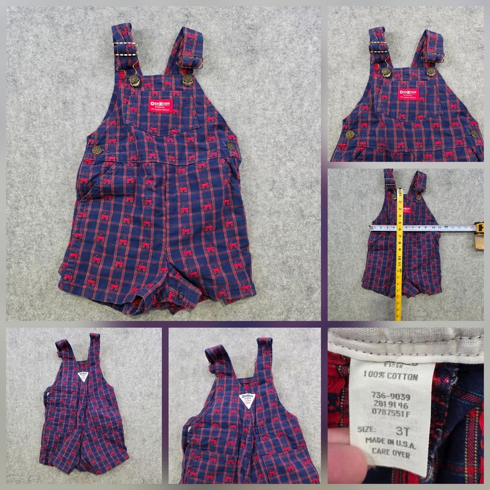 Vintage OshKosh B'gosh Vestbak Shortalls Kids 3T Blue Wagon Plaid USA‎ Made